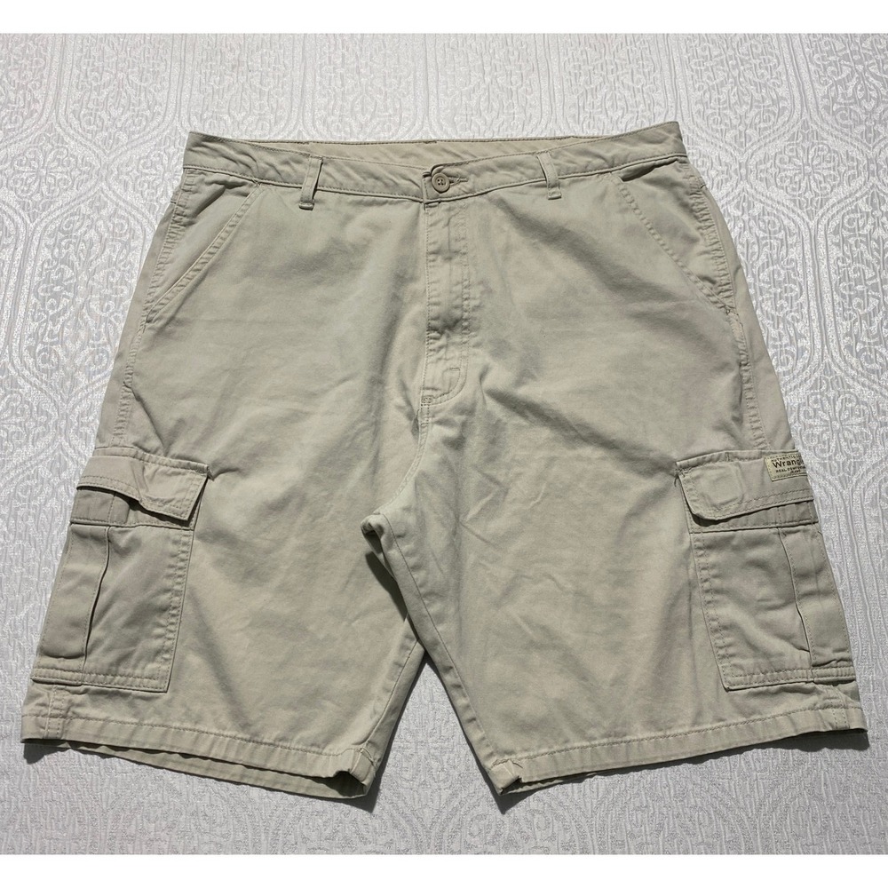 Wrangler Mens Tan Khaki Cotton Twill Cargo Shorts Size 36 Utility Workwear
